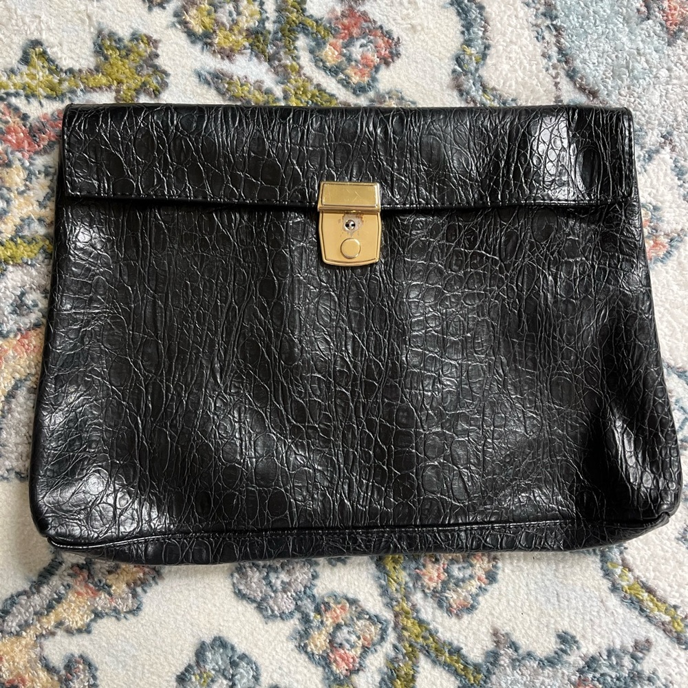 Black faux alligator clutch